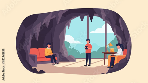 People interacting inside a cave-like structure with a view of nature