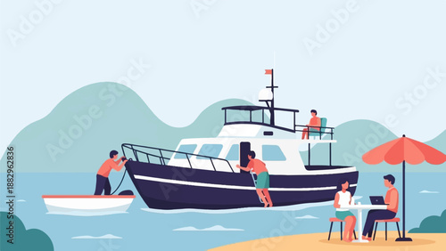 People interacting with a boat near a beach with mountains in the background