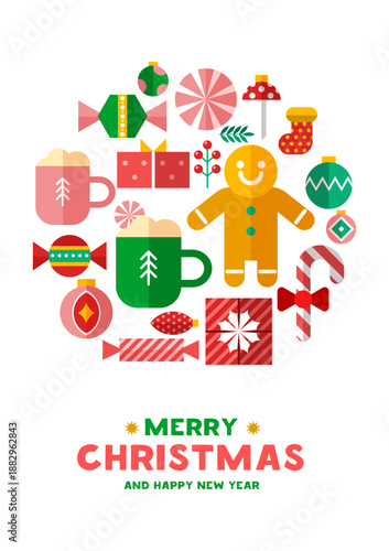 Colorful Christmas icons including gifts, ornaments, candy, mugs, and gingerbread man in flat style on white background. Holiday celebration concept. Vector illustration