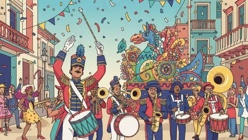 Vibrant Street Parade with Brass Band and Confetti in Colorful City