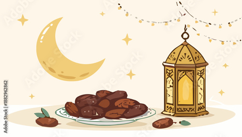 Ramadan kareem vector illustration with dates on a plate lantern crescent moon and stars on beige background