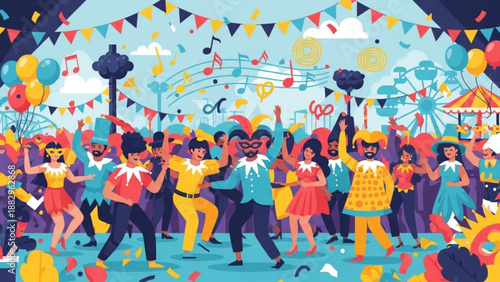 Diverse People Dancing at Vibrant Carnival Party with Colorful Decorations