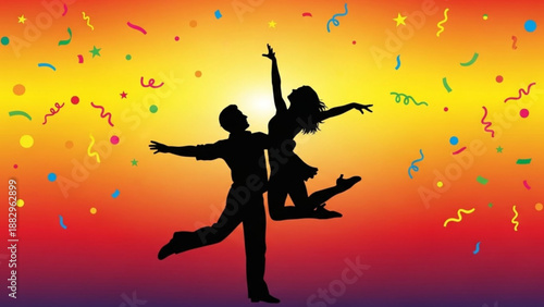 Couple Dancing Joyfully Silhouetted Against Vibrant Confetti Background