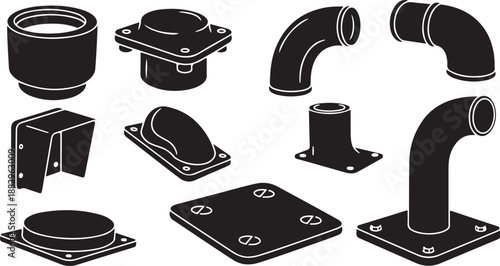 Black and white industrial pipe fittings and connectors collection