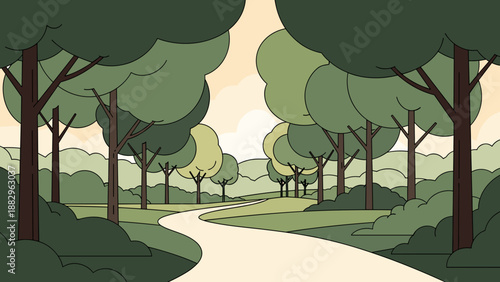 Winding Path Through a Lush Forest Landscape Illustration.