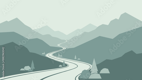 Winding Road Through Mountain Landscape in Muted Green Tones.