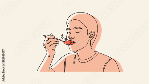 Woman enjoying a meal with a spoon in a minimalist line art style.