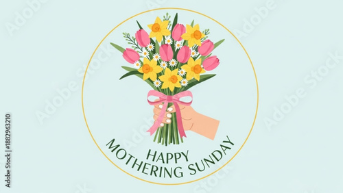 Colorful Mothers Day Bouquet with Happy Mothering Sunday Greeting