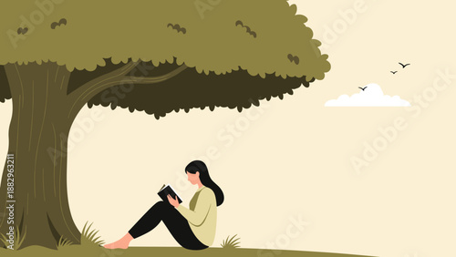 Woman Reading Under a Tree Serene Moment of Literary Escape.