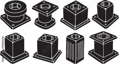 Industrial metal blocks and mounts in black and white