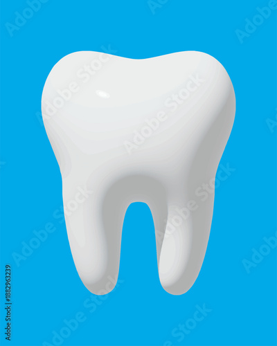 Realistic white tooth vector. 3D healthy molar isolated on blue. Glossy dental hygiene icon for stomatology, oral care, teeth whitening, medical clinic, implant and enamel protection.