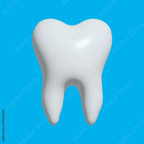 Realistic white tooth vector. 3D healthy molar isolated on blue. Glossy dental hygiene icon for stomatology, oral care, teeth whitening, medical clinic, implant and enamel protection.