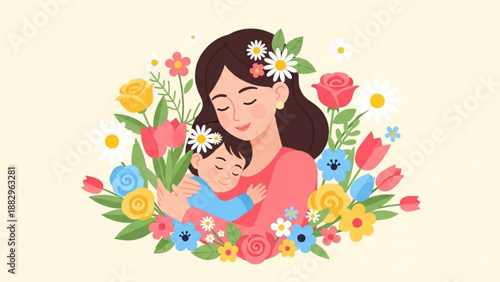 Happy Mother Hugging Baby Surrounded by Colorful Flowers