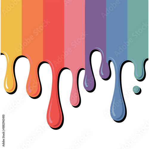 Colorful paint drips cascade in vibrant rainbow hues on a clean white background