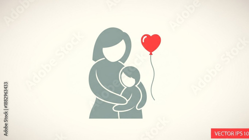 Mother Hugging Baby with Heart Balloon, Love and Care Illustration