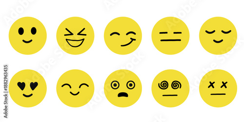 Cartoon people face emotions set . Simple expressions, funny eyes and mouths for emoji design, stickers or characters. Flat vector yellow icons on white background.