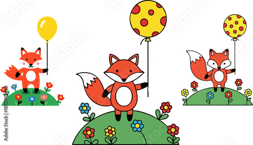 Cute cartoon foxes standing on grassy hills holding colorful balloons for a cheerful celebration design