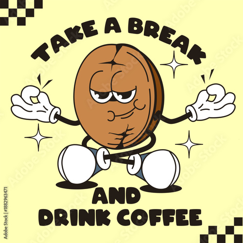 Cartoon coffee bean character with gloves and shoes making an OK sign, vintage retro comic style on pale yellow background. Vector illustration