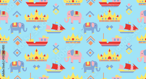 Seamless Pattern Featuring Cute Lampung Indonesia Cultural Icons and Animals
