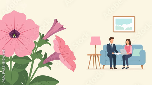 Pink flowers bloom near a professional meeting in a living room