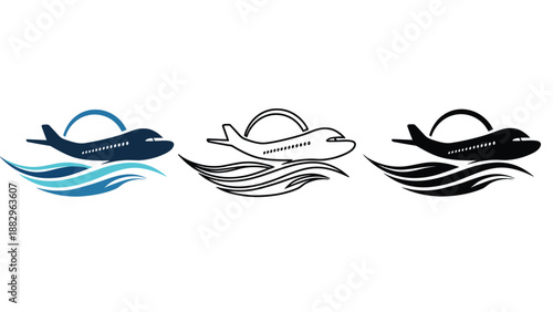 Three airplane logos flying over wavy lines in blue, white, and black colors.