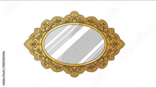 Ornate Gold Mirror with Decorative Frame Isolated on White Background