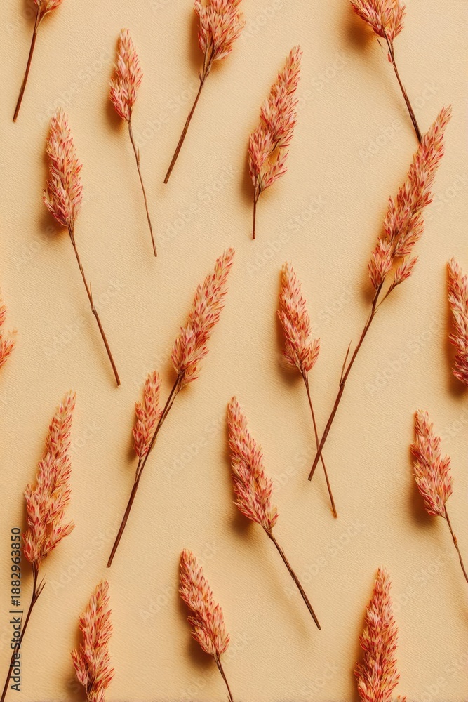 Obraz premium Pink dried grass plumes on slender brown stems scattered across a peach background. Concept Pink dried grass plumes, Slender brown stems, Peach background, Scattered composition, Natural textures