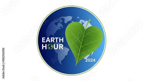 Earth Hour 2024 Logo with Green Leaf on Blue Globe Isolated on White