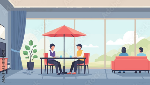 People relaxing in a sunlit cafe with large windows showing a scenic view