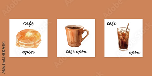 Watercolor-Style Cafe Illustration Card Set／カフェ・コーヒー・スイーツ