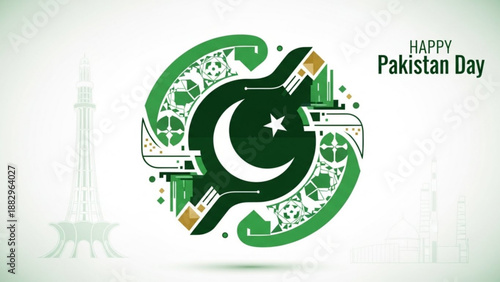 Pakistan Day Celebration with Green Crescent Moon and Star Symbol