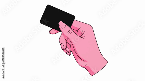 Pink hand holds a black card for transactions or identification