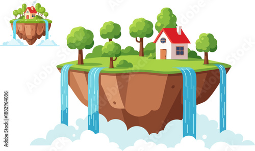 Small charming cottage nestled atop a vibrant green floating island with cascading waterfalls and lush trees