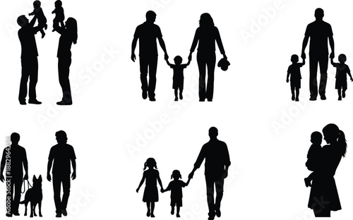 Collection of black silhouettes of families and individuals with a dog family people