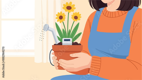 Person tending to potted sunflowers indoors with a watering can and sensor