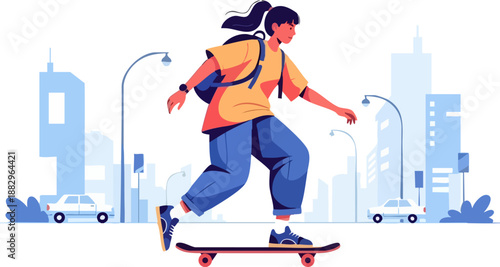 Energetic young woman with backpack skillfully skateboarding through an urban city environment against a skyline