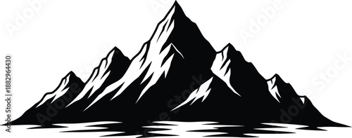 Black and white of jagged mountain peaks with reflection mountains