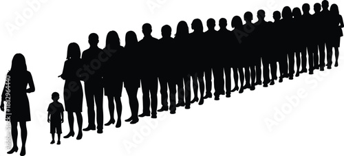 Black silhouettes of diverse people standing in a line on a white background queue