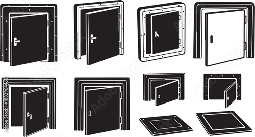 Various black and white doors in different states open