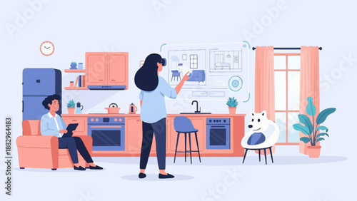 Person uses VR headset to visualize kitchen renovation on interactive screen