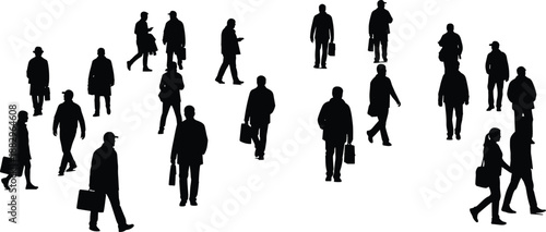 Black silhouettes of diverse people walking and standing against a white background