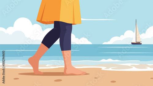 Person walking barefoot on a sandy beach with a sailboat on the horizon