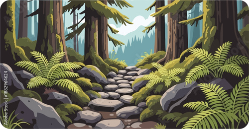 Pixelated forest path winding through ancient trees and lush ferns