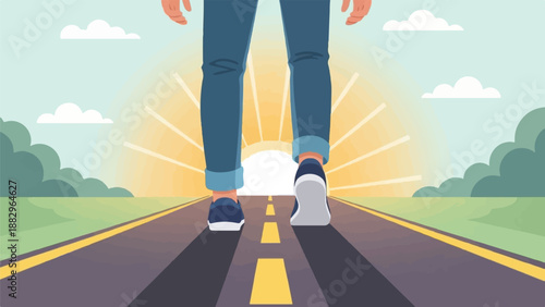 Person walking down a road towards a bright sunrise with clouds