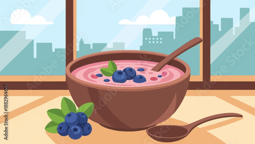 Pink smoothie with blueberries in a bowl, by a window with city view