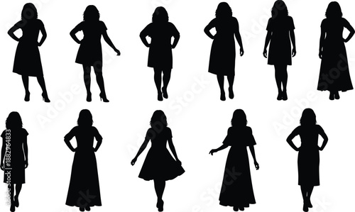Collection of black female silhouettes in various dresses and poses woman person