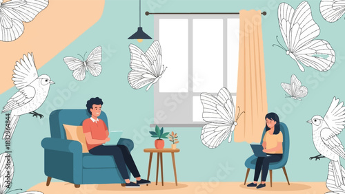 People using laptops in a room with butterflies and birds flying around