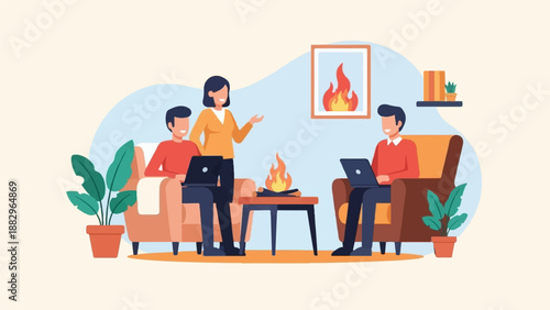 People using laptops near a fireplace in a cozy living room