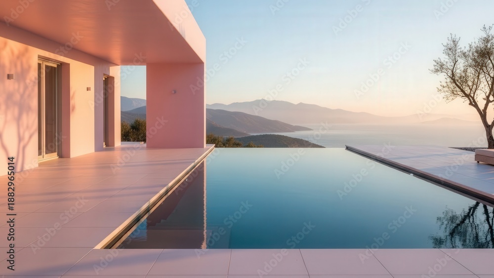 Fototapeta premium Serene Minimalist House with Infinity Pool at Sunset Overlooking Mountain Scenery