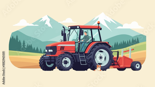 Red tractor with driver and attachment in scenic agricultural landscape